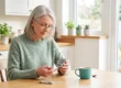 Senior woman testing blood glucose with a home glucose meter at the kitchen table.