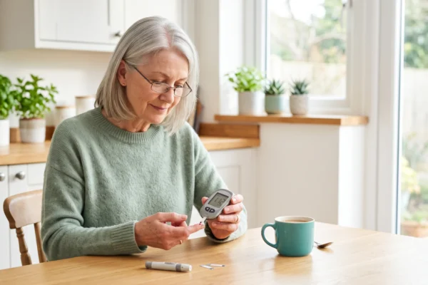 Senior woman testing blood glucose with a home glucose meter at the kitchen table.