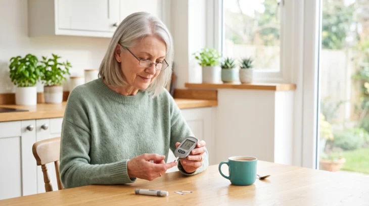 Senior woman testing blood glucose with a home glucose meter at the kitchen table.