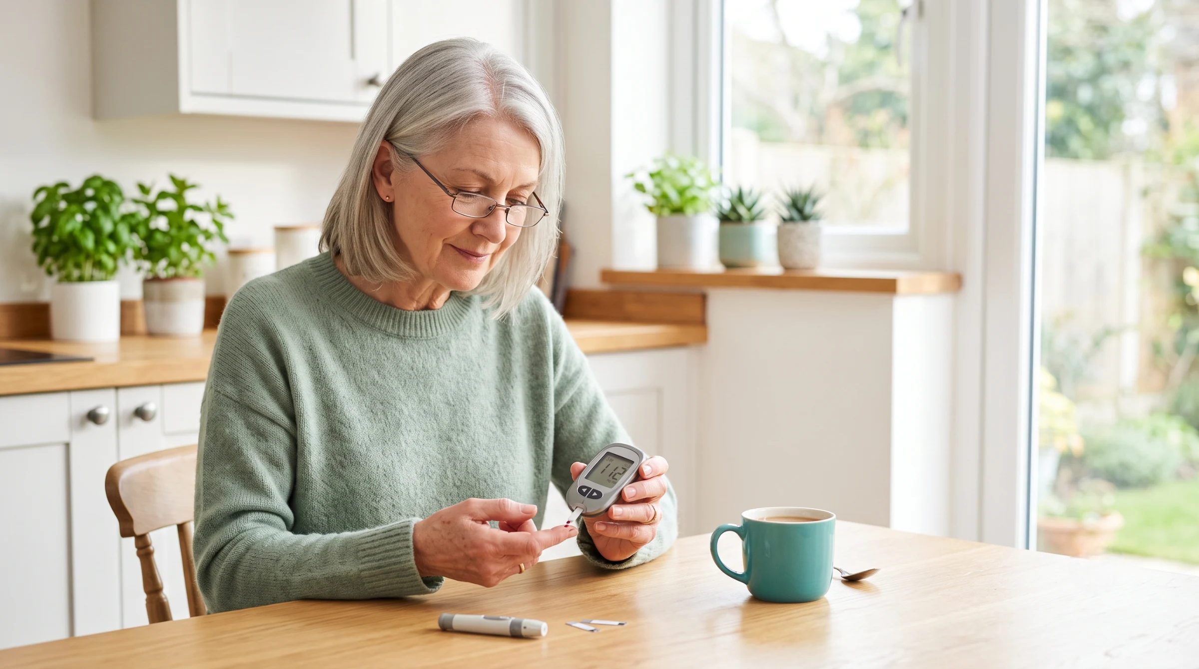 Senior woman testing blood glucose with a home glucose meter at the kitchen table.