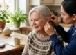 Photorealistic close-up of an older adult (about 70 years old) sitting at a kitchen table while an audiologist gently places a small modern hearing aid behind the ear. Soft natural window light, warm and reassuring mood, both people relaxed and focused on the device. The hearing aid is clearly visible as the subject of the photo. No text on the image.
