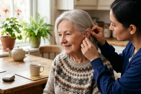Photorealistic close-up of an older adult (about 70 years old) sitting at a kitchen table while an audiologist gently places a small modern hearing aid behind the ear. Soft natural window light, warm and reassuring mood, both people relaxed and focused on the device. The hearing aid is clearly visible as the subject of the photo. No text on the image.