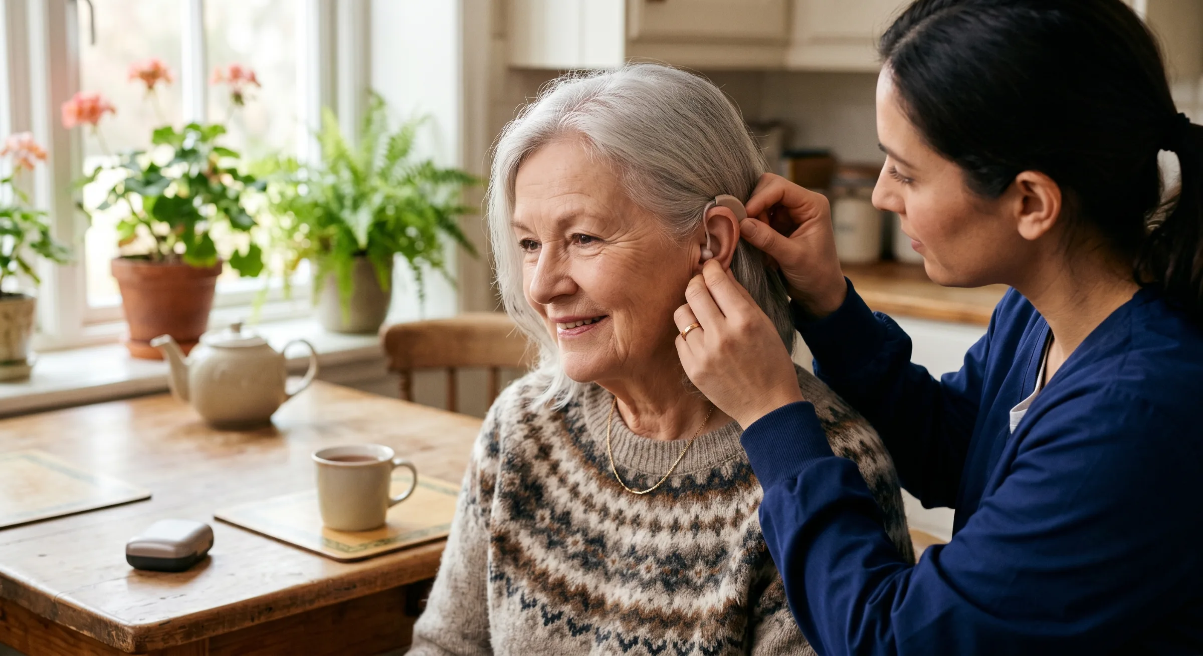 Photorealistic close-up of an older adult (about 70 years old) sitting at a kitchen table while an audiologist gently places a small modern hearing aid behind the ear. Soft natural window light, warm and reassuring mood, both people relaxed and focused on the device. The hearing aid is clearly visible as the subject of the photo. No text on the image.