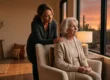 Elderly woman with white hair sitting anxiously in an armchair by a window at sunset while a caregiver gently rests a hand on her shoulder, representing sundowning syndrome and evening confusion in dementia patients