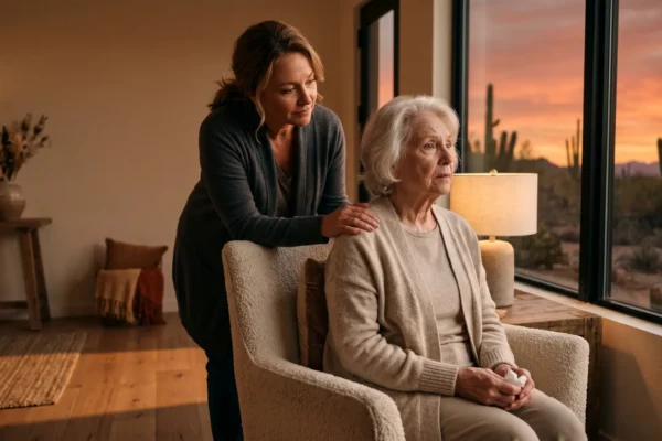 Elderly woman with white hair sitting anxiously in an armchair by a window at sunset while a caregiver gently rests a hand on her shoulder, representing sundowning syndrome and evening confusion in dementia patients