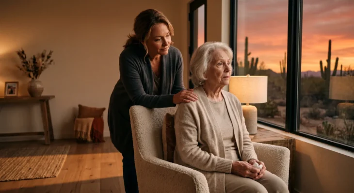 Elderly woman with white hair sitting anxiously in an armchair by a window at sunset while a caregiver gently rests a hand on her shoulder, representing sundowning syndrome and evening confusion in dementia patients