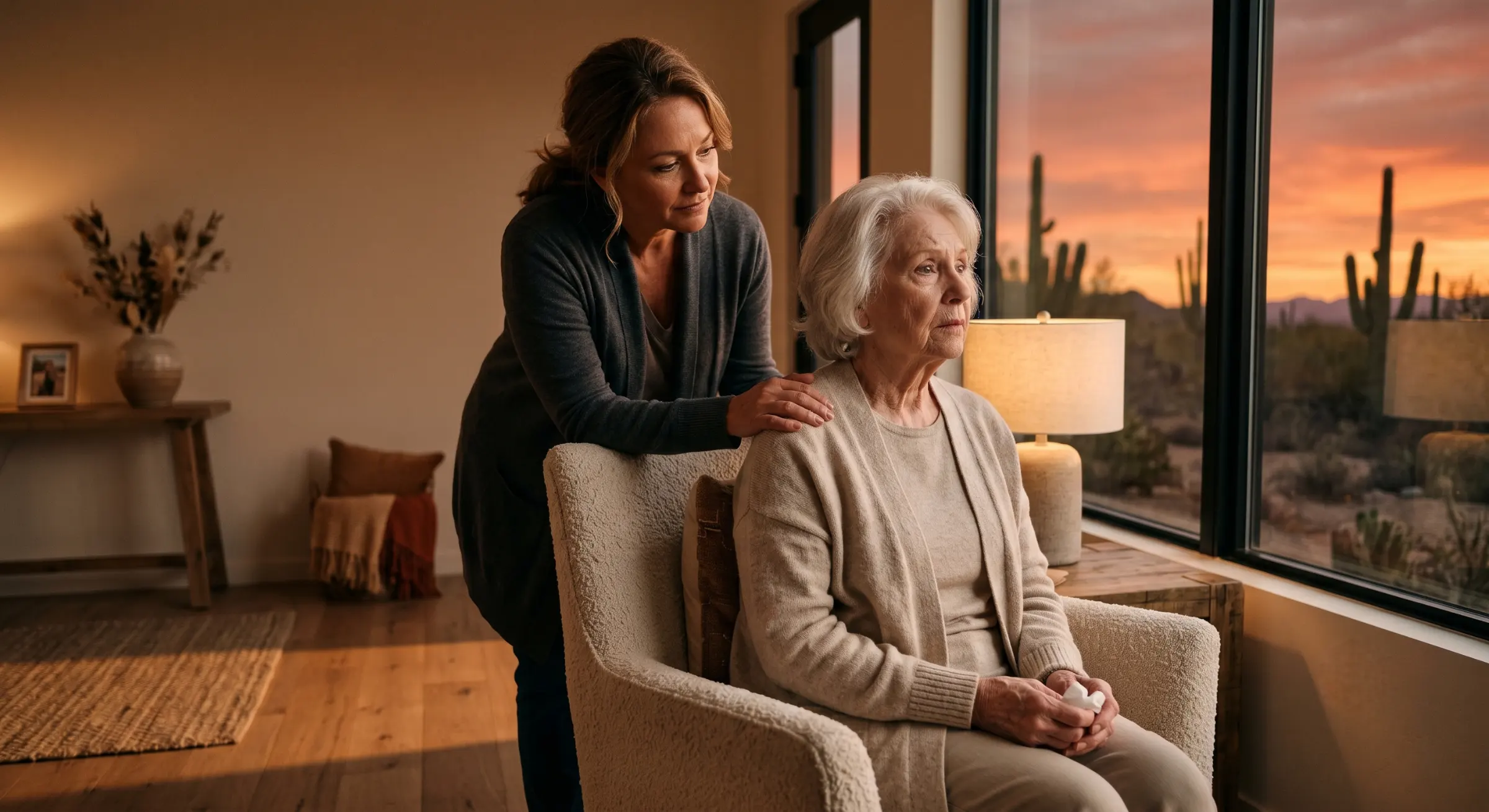 Elderly woman with white hair sitting anxiously in an armchair by a window at sunset while a caregiver gently rests a hand on her shoulder, representing sundowning syndrome and evening confusion in dementia patients