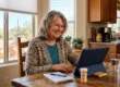An older woman at her kitchen table having a telehealth video visit on a tablet, a notepad and pill bottle nearby, warm daylight from the window.