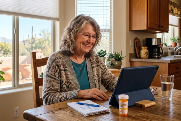 An older woman at her kitchen table having a telehealth video visit on a tablet, a notepad and pill bottle nearby, warm daylight from the window.