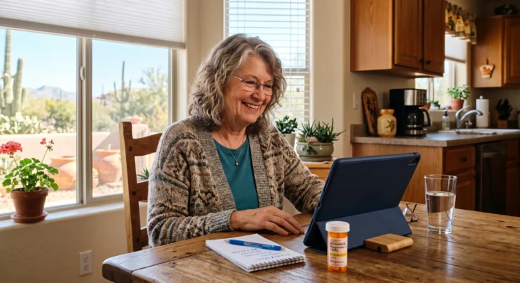 An older woman at her kitchen table having a telehealth video visit on a tablet, a notepad and pill bottle nearby, warm daylight from the window.