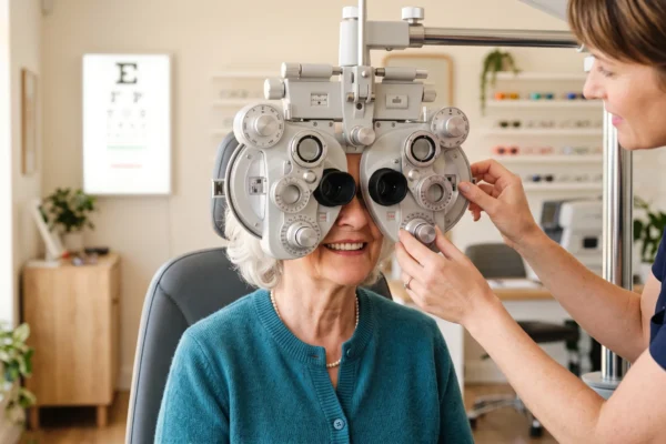Older woman having an eyesight exam through a phoropter in a bright optometry office
