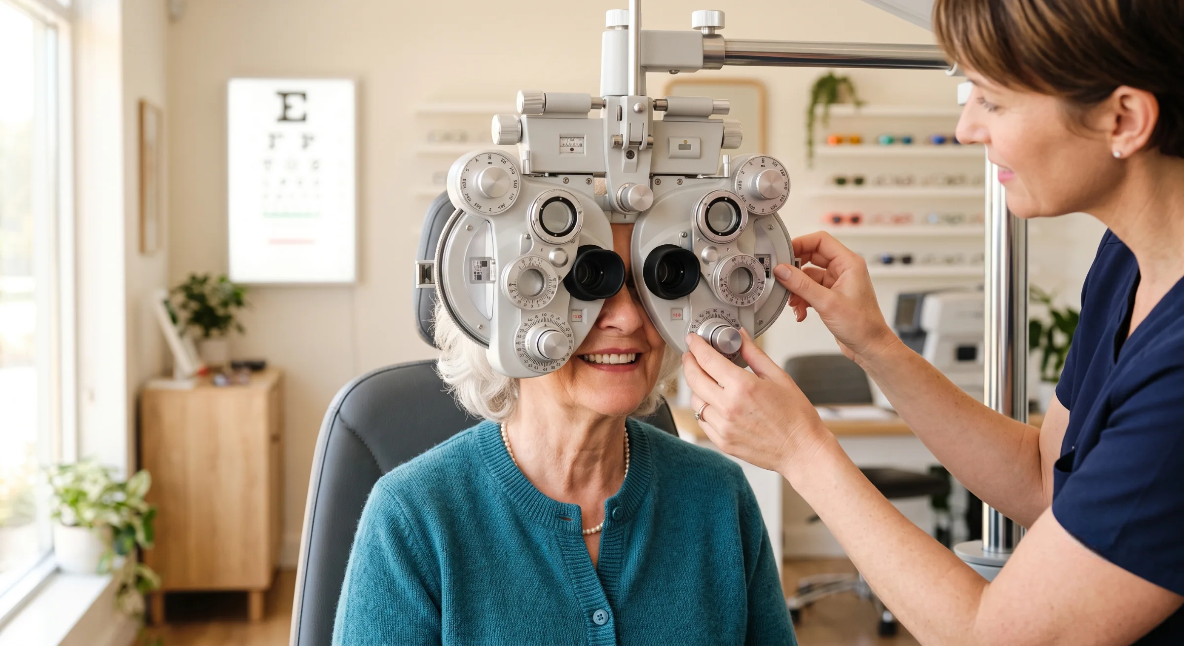Older woman having an eyesight exam through a phoropter in a bright optometry office