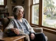 An older woman sits alone by a window at home, looking out thoughtfully, conveying social isolation and loneliness in later life.