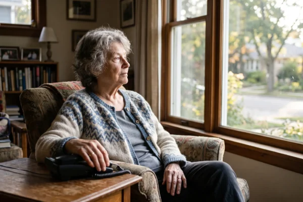 An older woman sits alone by a window at home, looking out thoughtfully, conveying social isolation and loneliness in later life.