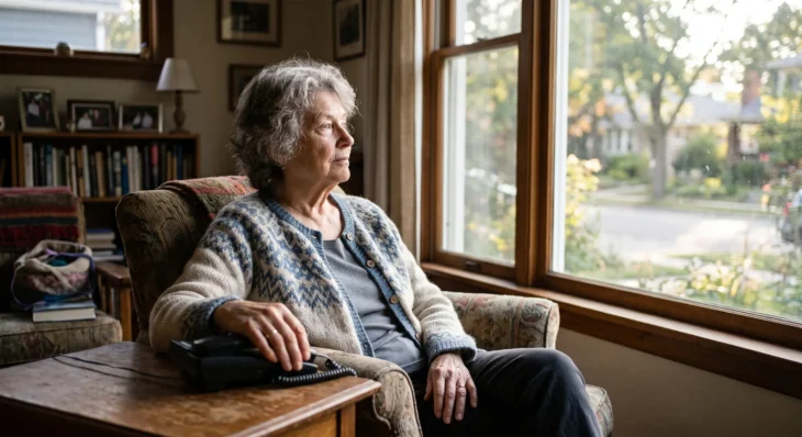 An older woman sits alone by a window at home, looking out thoughtfully, conveying social isolation and loneliness in later life.