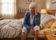 An older woman sits confused on the edge of her bed with a glass of water and a urine test dipstick on the nightstand, showing how a UTI can appear as sudden confusion in seniors.