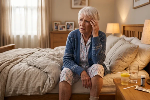 An older woman sits confused on the edge of her bed with a glass of water and a urine test dipstick on the nightstand, showing how a UTI can appear as sudden confusion in seniors.