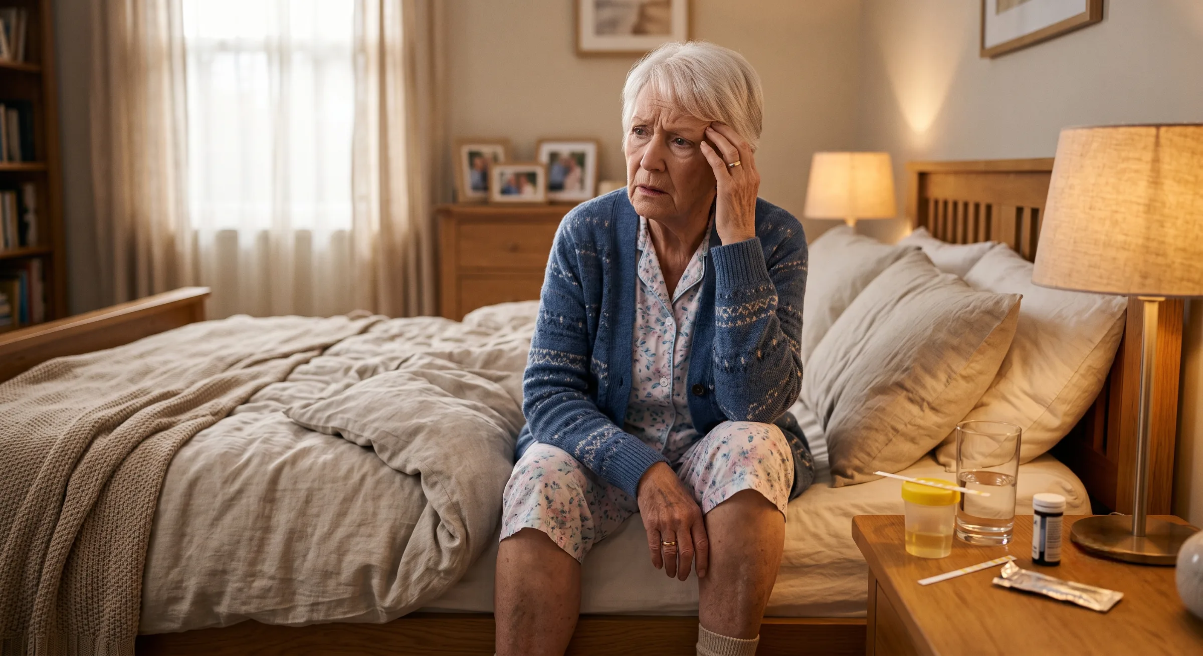 An older woman sits confused on the edge of her bed with a glass of water and a urine test dipstick on the nightstand, showing how a UTI can appear as sudden confusion in seniors.