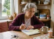 A softly lit, medium-shot composition centering on an older woman seated at a rustic wooden table. Natural, diffused daylight streams in from a window on the left, casting gentle, warm highlights on the subject's face and hands while creating soft directional shadows that add depth to the room. The framing utilizes a shallow depth of field; foreground elements, including metal house keys and an orange medicine bottle bearing simulated, unreadable prescription text, are slightly blurred to draw the viewer's eye inward. The primary focal point is the subject's hands actively writing on pale yellow sticky notes, which are covered in lines of illegible, cursive-like script. The background elements—a framed family portrait, a classic wall calendar, and kitchen shelves—are warmly toned and softly out of focus, grounding the balanced composition in a cozy, inviting atmosphere.