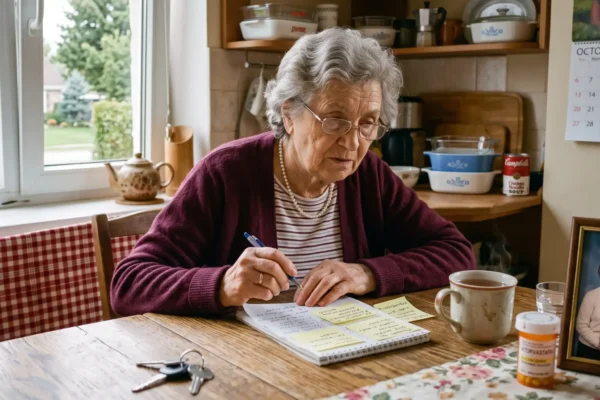A softly lit, medium-shot composition centering on an older woman seated at a rustic wooden table. Natural, diffused daylight streams in from a window on the left, casting gentle, warm highlights on the subject's face and hands while creating soft directional shadows that add depth to the room. The framing utilizes a shallow depth of field; foreground elements, including metal house keys and an orange medicine bottle bearing simulated, unreadable prescription text, are slightly blurred to draw the viewer's eye inward. The primary focal point is the subject's hands actively writing on pale yellow sticky notes, which are covered in lines of illegible, cursive-like script. The background elements—a framed family portrait, a classic wall calendar, and kitchen shelves—are warmly toned and softly out of focus, grounding the balanced composition in a cozy, inviting atmosphere.