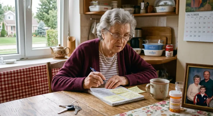 A softly lit, medium-shot composition centering on an older woman seated at a rustic wooden table. Natural, diffused daylight streams in from a window on the left, casting gentle, warm highlights on the subject's face and hands while creating soft directional shadows that add depth to the room. The framing utilizes a shallow depth of field; foreground elements, including metal house keys and an orange medicine bottle bearing simulated, unreadable prescription text, are slightly blurred to draw the viewer's eye inward. The primary focal point is the subject's hands actively writing on pale yellow sticky notes, which are covered in lines of illegible, cursive-like script. The background elements—a framed family portrait, a classic wall calendar, and kitchen shelves—are warmly toned and softly out of focus, grounding the balanced composition in a cozy, inviting atmosphere.