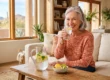 A brightly lit, editorial-style photograph featuring warm, soft natural sunlight streaming into an airy living room. The composition utilizes a shallow depth of field, keeping the focus sharp on a smiling older woman holding a glass of water on the right, while gently blurring the background desert landscape and cactus seen through large windows. In the foreground, a clear glass pitcher and a small bowl of sliced citrus sit on a rustic wooden table, balancing the frame. The overall tone is vibrant, inviting, and photorealistic. There is no text or branding on any objects in the scene.