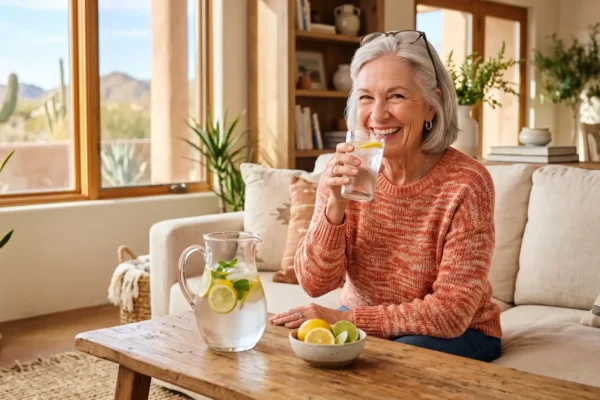 A brightly lit, editorial-style photograph featuring warm, soft natural sunlight streaming into an airy living room. The composition utilizes a shallow depth of field, keeping the focus sharp on a smiling older woman holding a glass of water on the right, while gently blurring the background desert landscape and cactus seen through large windows. In the foreground, a clear glass pitcher and a small bowl of sliced citrus sit on a rustic wooden table, balancing the frame. The overall tone is vibrant, inviting, and photorealistic. There is no text or branding on any objects in the scene.