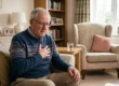A photorealistic medium shot with a shallow depth of field, focusing on an older adult male seated on a beige textured sofa. The composition is subtly asymmetrical, placing the subject slightly left of center to draw the viewer's eye directly to his hand, which is tensely gripping his chest over a blue patterned sweater. Soft, diffused natural daylight streams in from a window out of frame on the right, illuminating the right side of his face and highlighting his concerned expression, while casting gentle, warm shadows across the left side of the frame. The background features a cozy, warmly toned living room with softly blurred elements like a wooden bookcase, a pink cushion on a beige armchair, and a glass of water on a side table, creating a contrasting calm environment against the subject's physical distress. There is no text present in the image.