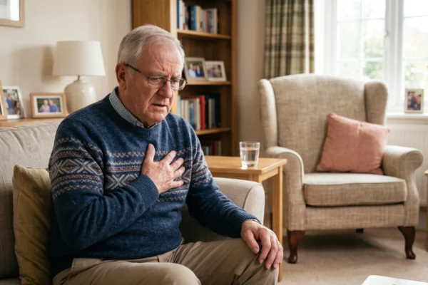 A photorealistic medium shot with a shallow depth of field, focusing on an older adult male seated on a beige textured sofa. The composition is subtly asymmetrical, placing the subject slightly left of center to draw the viewer's eye directly to his hand, which is tensely gripping his chest over a blue patterned sweater. Soft, diffused natural daylight streams in from a window out of frame on the right, illuminating the right side of his face and highlighting his concerned expression, while casting gentle, warm shadows across the left side of the frame. The background features a cozy, warmly toned living room with softly blurred elements like a wooden bookcase, a pink cushion on a beige armchair, and a glass of water on a side table, creating a contrasting calm environment against the subject's physical distress. There is no text present in the image.