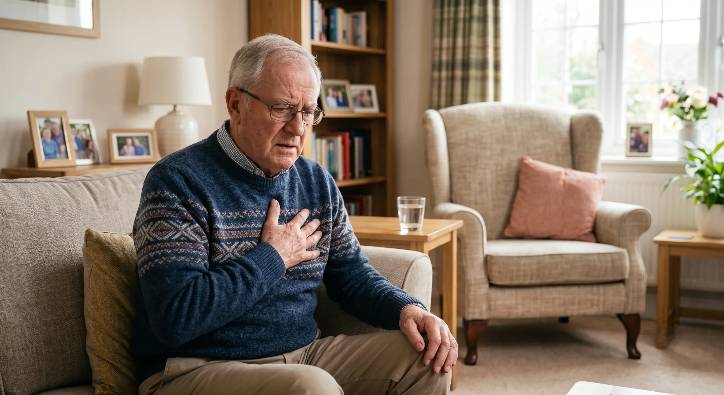 A photorealistic medium shot with a shallow depth of field, focusing on an older adult male seated on a beige textured sofa. The composition is subtly asymmetrical, placing the subject slightly left of center to draw the viewer's eye directly to his hand, which is tensely gripping his chest over a blue patterned sweater. Soft, diffused natural daylight streams in from a window out of frame on the right, illuminating the right side of his face and highlighting his concerned expression, while casting gentle, warm shadows across the left side of the frame. The background features a cozy, warmly toned living room with softly blurred elements like a wooden bookcase, a pink cushion on a beige armchair, and a glass of water on a side table, creating a contrasting calm environment against the subject's physical distress. There is no text present in the image.