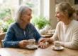 A medium-wide shot composed with a shallow depth of field, focusing on a rustic wooden kitchen table where two women sit facing each other. Soft, natural sunlight streams through a window on the left, illuminating the scene with a bright, warm, and airy glow. The lighting gently highlights the crisp, photorealistic details of their floral teacups and the reassuring gesture of the younger woman's hand resting on the older woman's arm. The background softly blurs into vibrant, true-to-life tones of lush green houseplants and a clean kitchen interior. There is no text or logos visible.