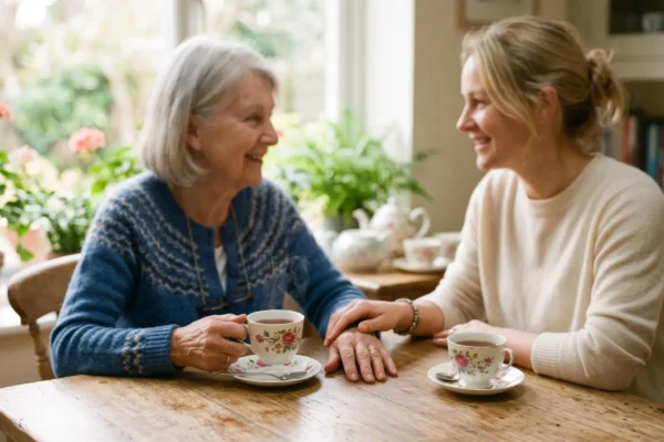 A medium-wide shot composed with a shallow depth of field, focusing on a rustic wooden kitchen table where two women sit facing each other. Soft, natural sunlight streams through a window on the left, illuminating the scene with a bright, warm, and airy glow. The lighting gently highlights the crisp, photorealistic details of their floral teacups and the reassuring gesture of the younger woman's hand resting on the older woman's arm. The background softly blurs into vibrant, true-to-life tones of lush green houseplants and a clean kitchen interior. There is no text or logos visible.