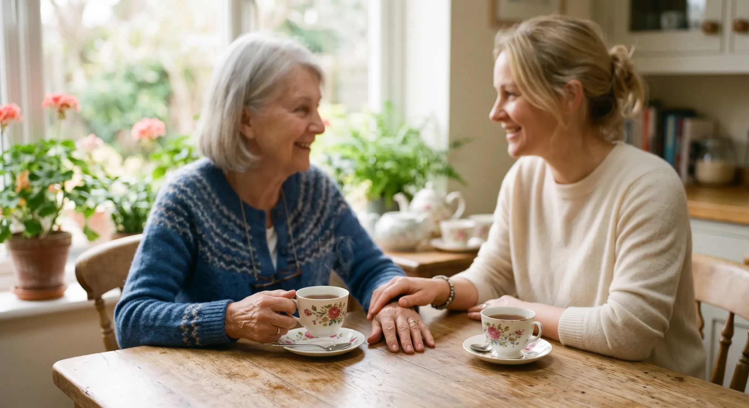 A medium-wide shot composed with a shallow depth of field, focusing on a rustic wooden kitchen table where two women sit facing each other. Soft, natural sunlight streams through a window on the left, illuminating the scene with a bright, warm, and airy glow. The lighting gently highlights the crisp, photorealistic details of their floral teacups and the reassuring gesture of the younger woman's hand resting on the older woman's arm. The background softly blurs into vibrant, true-to-life tones of lush green houseplants and a clean kitchen interior. There is no text or logos visible.
