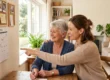 Eye-level medium composition illuminated by soft natural sunlight, featuring two women interacting with a wall calendar that displays the text "MAY 2024". The lighting is bright and warm, streaming from a window on the left to create gentle highlights. A shallow depth of field keeps the subjects and the calendar in sharp focus, while the airy living room background remains softly blurred.