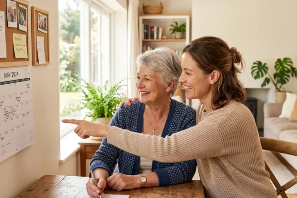 Eye-level medium composition illuminated by soft natural sunlight, featuring two women interacting with a wall calendar that displays the text "MAY 2024". The lighting is bright and warm, streaming from a window on the left to create gentle highlights. A shallow depth of field keeps the subjects and the calendar in sharp focus, while the airy living room background remains softly blurred.