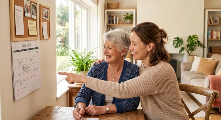 Eye-level medium composition illuminated by soft natural sunlight, featuring two women interacting with a wall calendar that displays the text "MAY 2024". The lighting is bright and warm, streaming from a window on the left to create gentle highlights. A shallow depth of field keeps the subjects and the calendar in sharp focus, while the airy living room background remains softly blurred.