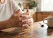 Close-up composition focusing on an older woman's hands with gently interlaced fingers resting on a textured wooden table. The scene is bathed in warm, airy natural sunlight that highlights the intricate details and veins of the skin. A shallow depth of field keeps the hands in sharp, photorealistic focus while softly blurring a steaming ceramic mug in the right background, creating a bright, inviting, and uplifting editorial aesthetic.