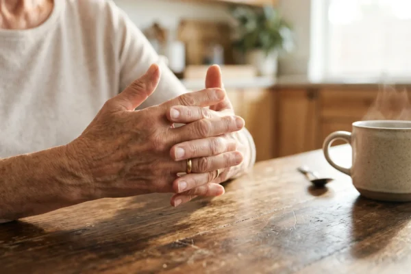 Close-up composition focusing on an older woman's hands with gently interlaced fingers resting on a textured wooden table. The scene is bathed in warm, airy natural sunlight that highlights the intricate details and veins of the skin. A shallow depth of field keeps the hands in sharp, photorealistic focus while softly blurring a steaming ceramic mug in the right background, creating a bright, inviting, and uplifting editorial aesthetic.