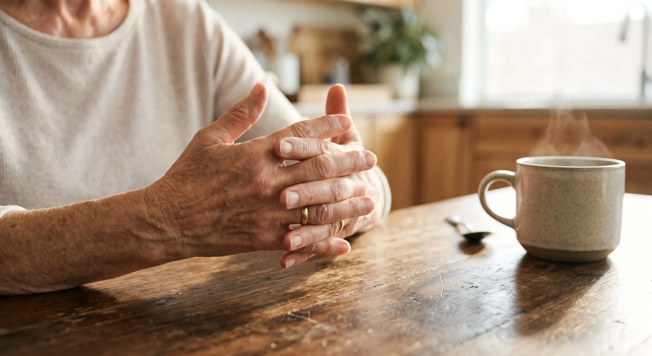 Close-up composition focusing on an older woman's hands with gently interlaced fingers resting on a textured wooden table. The scene is bathed in warm, airy natural sunlight that highlights the intricate details and veins of the skin. A shallow depth of field keeps the hands in sharp, photorealistic focus while softly blurring a steaming ceramic mug in the right background, creating a bright, inviting, and uplifting editorial aesthetic.