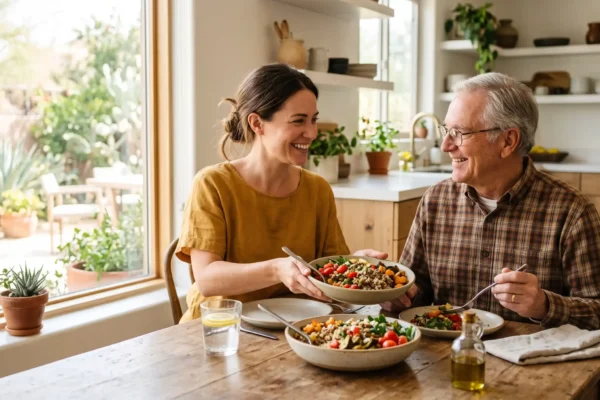 A warm, sunlit medium-shot composition bathed in soft, natural sunlight streaming from a large left-side window. The directional lighting highlights the vibrant, true-to-life colors of a fresh meal on a wooden table and creates a bright, uplifting tone. The shot utilizes a shallow depth of field, softly blurring the airy kitchen background to draw clear focus to the two smiling subjects in the center. There is no text visible in the frame.