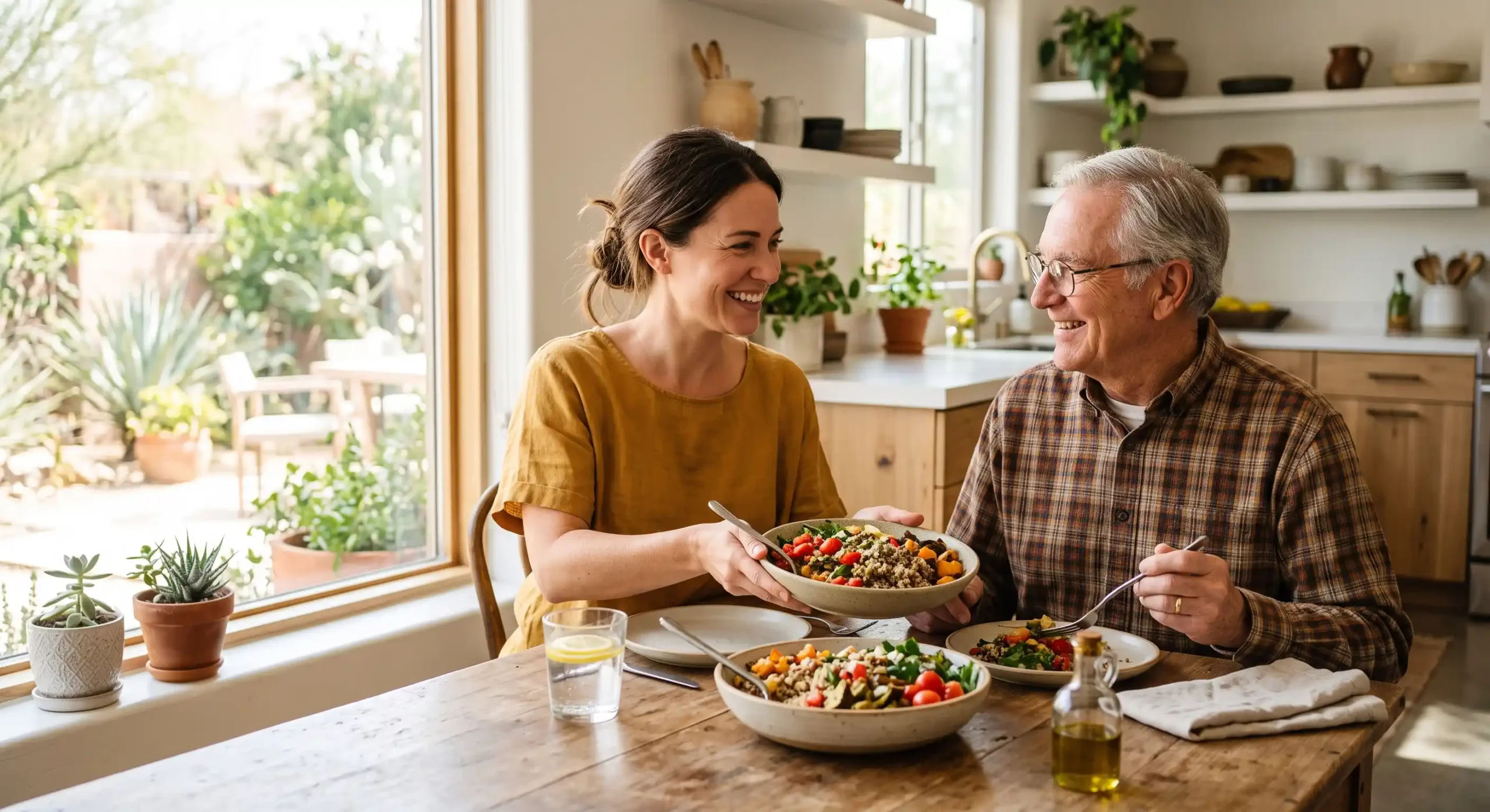 A warm, sunlit medium-shot composition bathed in soft, natural sunlight streaming from a large left-side window. The directional lighting highlights the vibrant, true-to-life colors of a fresh meal on a wooden table and creates a bright, uplifting tone. The shot utilizes a shallow depth of field, softly blurring the airy kitchen background to draw clear focus to the two smiling subjects in the center. There is no text visible in the frame.