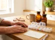 A close-up, warmly sunlit composition with a shallow depth of field, focusing on an older person's hands resting on a wooden counter. Soft natural light illuminates a daily pill organizer displaying visible day abbreviations like 'M', 'T', 'W', and 'TH', positioned next to a piece of paper covered in illegible cursive scribbles. The background fades into a bright, airy kitchen setting with gently blurred, glowing amber bottles.