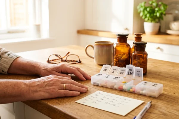 A close-up, warmly sunlit composition with a shallow depth of field, focusing on an older person's hands resting on a wooden counter. Soft natural light illuminates a daily pill organizer displaying visible day abbreviations like 'M', 'T', 'W', and 'TH', positioned next to a piece of paper covered in illegible cursive scribbles. The background fades into a bright, airy kitchen setting with gently blurred, glowing amber bottles.