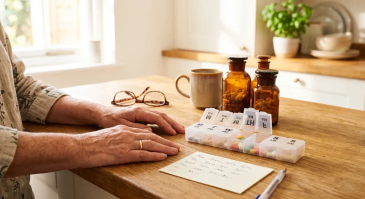 A close-up, warmly sunlit composition with a shallow depth of field, focusing on an older person's hands resting on a wooden counter. Soft natural light illuminates a daily pill organizer displaying visible day abbreviations like 'M', 'T', 'W', and 'TH', positioned next to a piece of paper covered in illegible cursive scribbles. The background fades into a bright, airy kitchen setting with gently blurred, glowing amber bottles.