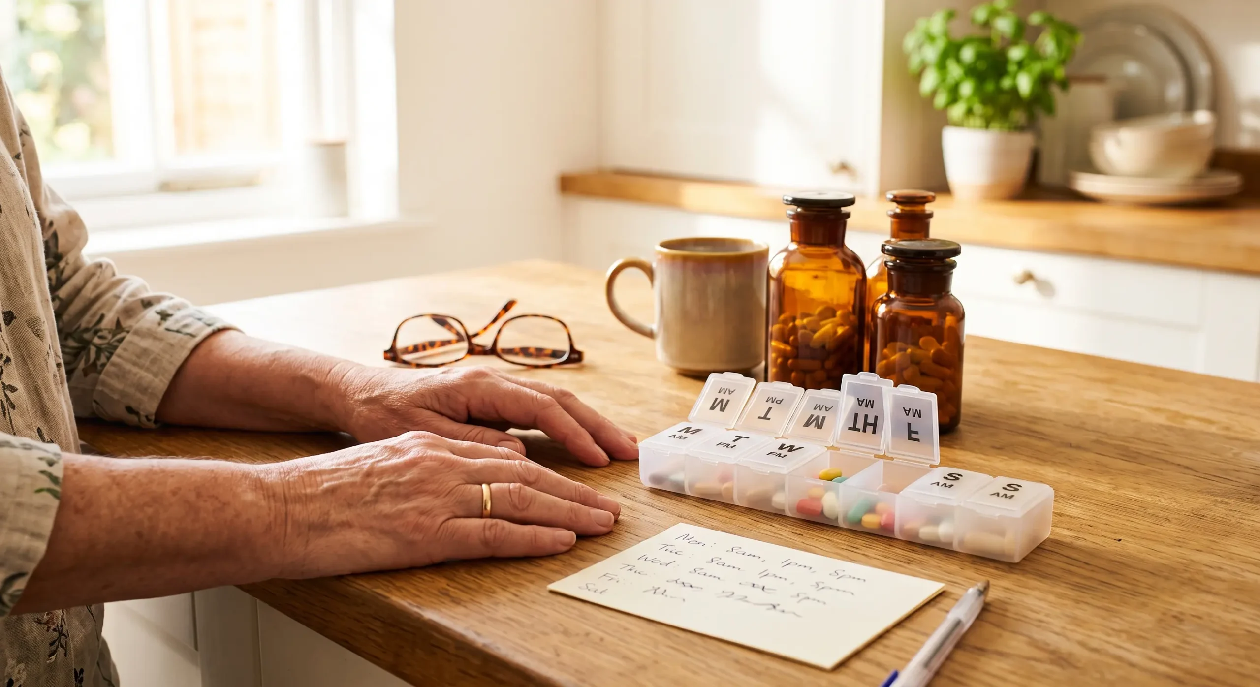 A close-up, warmly sunlit composition with a shallow depth of field, focusing on an older person's hands resting on a wooden counter. Soft natural light illuminates a daily pill organizer displaying visible day abbreviations like 'M', 'T', 'W', and 'TH', positioned next to a piece of paper covered in illegible cursive scribbles. The background fades into a bright, airy kitchen setting with gently blurred, glowing amber bottles.