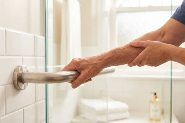 A focused, horizontal photograph capturing the textured, wrinkled skin of an older person's forearm and hands firmly gripping a polished stainless steel safety grab bar. The person, wearing a blue shirt, has their hands positioned in the center, supported by each other. The metallic bar is mounted on a wall of clean, glossy white subway tiles on the left, with the surrounding bathroom softly blurred. Natural, warm light streams from a background window, highlighting the metallic sheen and the textures of the skin. Stacked white towels and a window are visible in the background bokeh.