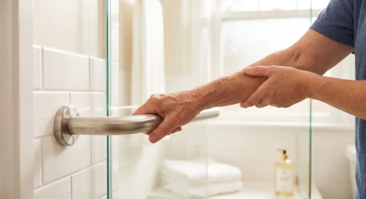A focused, horizontal photograph capturing the textured, wrinkled skin of an older person's forearm and hands firmly gripping a polished stainless steel safety grab bar. The person, wearing a blue shirt, has their hands positioned in the center, supported by each other. The metallic bar is mounted on a wall of clean, glossy white subway tiles on the left, with the surrounding bathroom softly blurred. Natural, warm light streams from a background window, highlighting the metallic sheen and the textures of the skin. Stacked white towels and a window are visible in the background bokeh.
